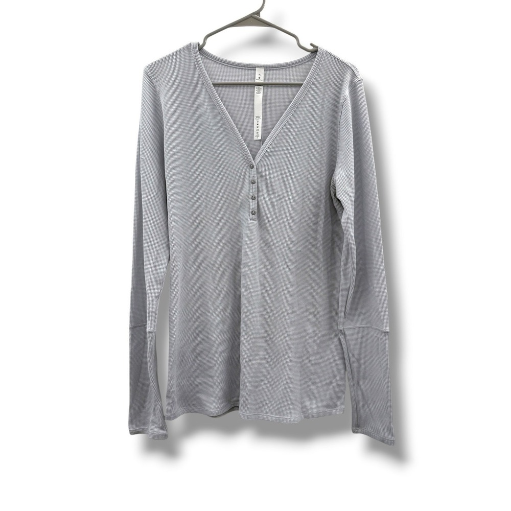 Lululemon Waffle Knit Henley‎ Top Womens XL Gray Long Sleeve V Neck Stretch Tee
